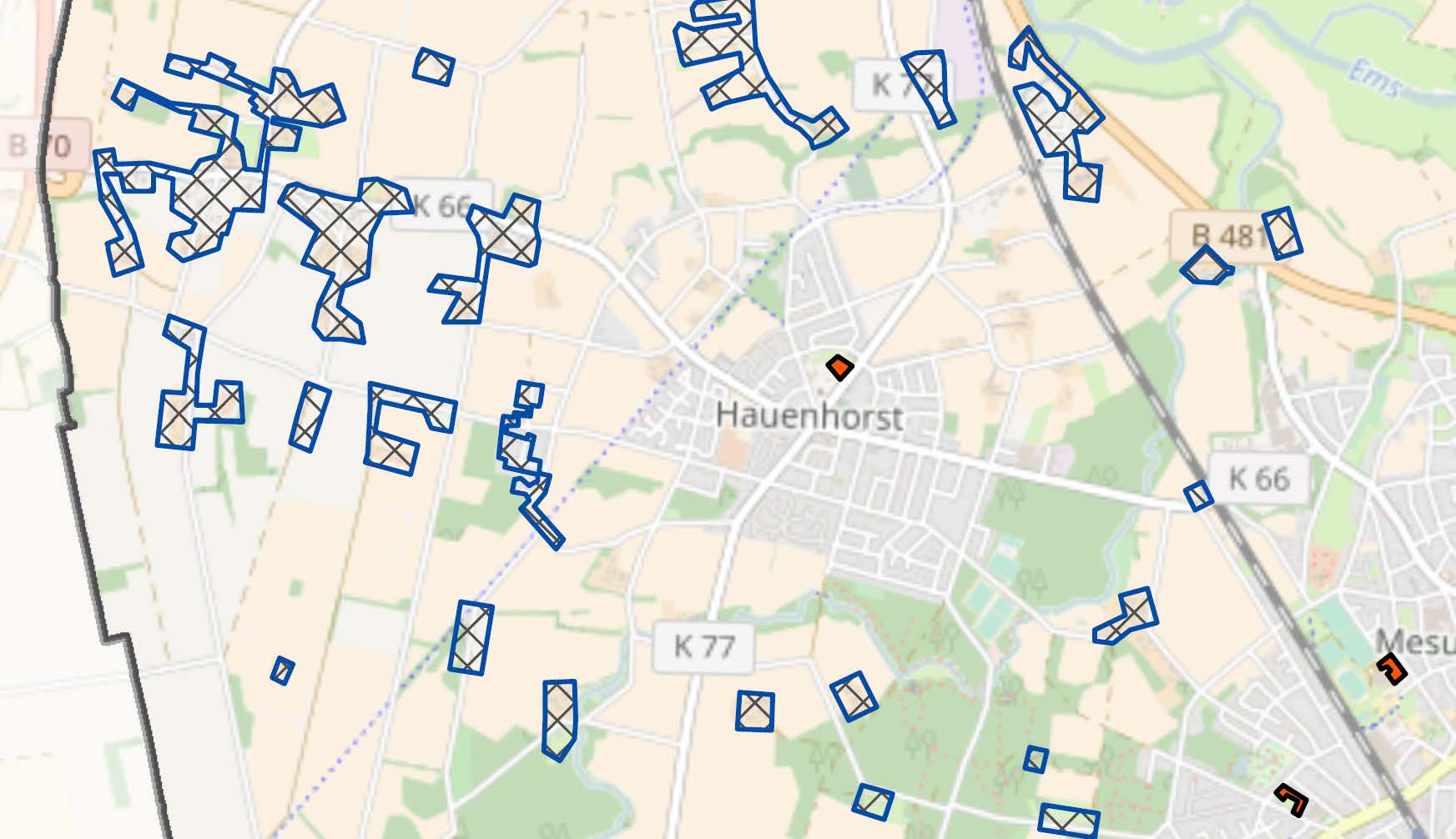 Karte der unterversorgten Gebiete in Hauenhorst und Catenhorn